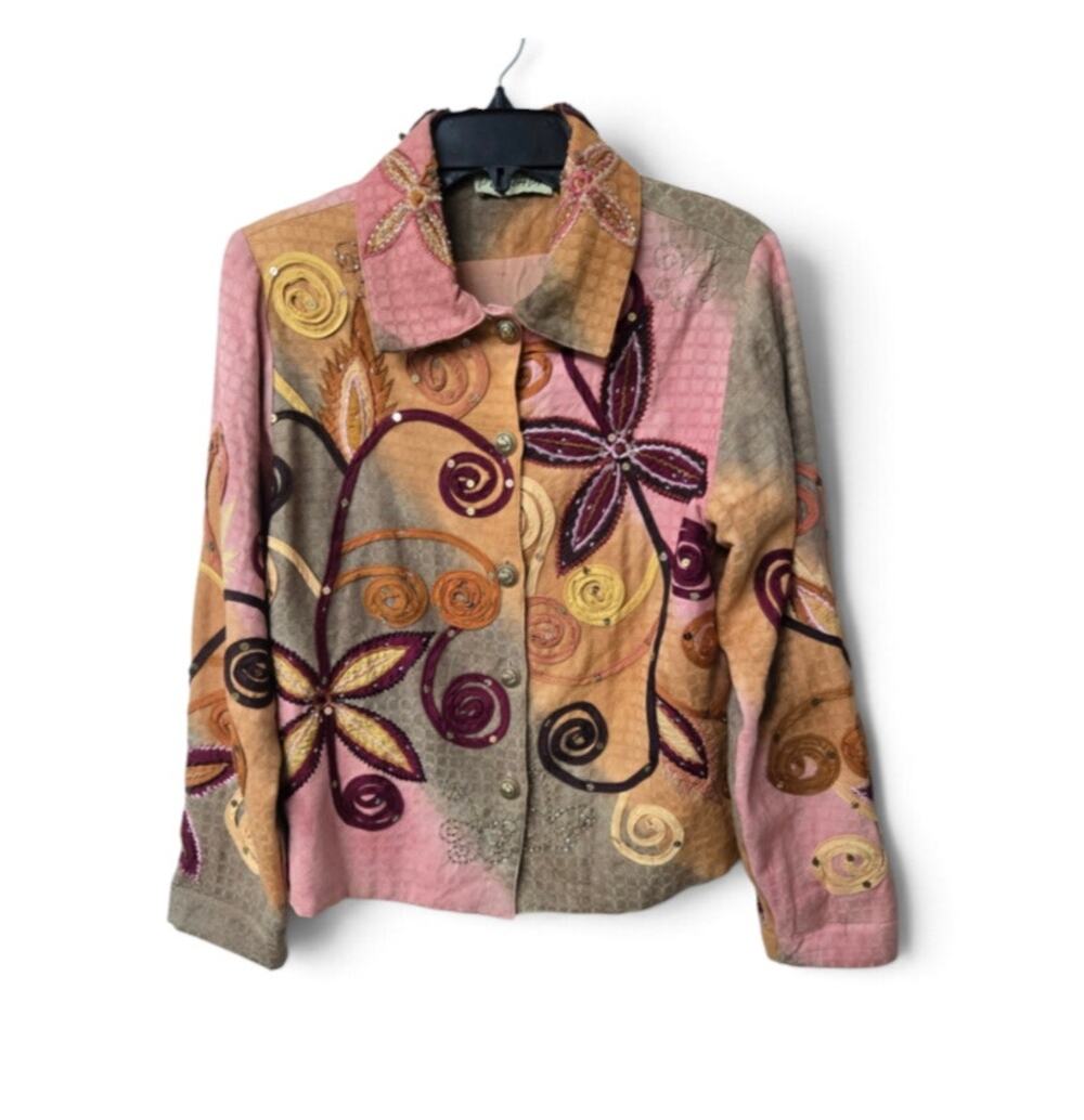 PushPa Vintage Multimedia Patchwork Floral Applique Sequin Embroidered Blazer